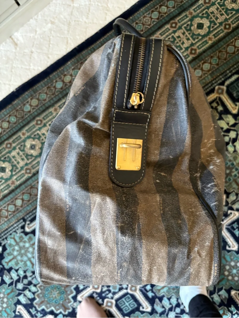 Fendi Striped Pequin Canvas /w Black Leather Duffel Bag